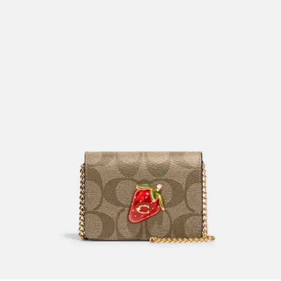 Coach Mini Wallet On A Chain In Signature Canvas With Strawberry - Picture 1 of 7